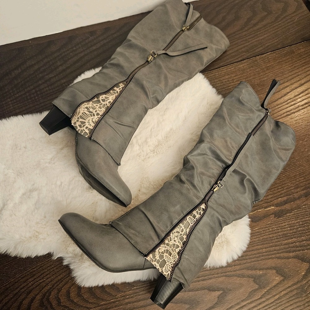 Not Rated Sassy Classy Lace Detail Stacked Heel Knee High Boots EU 42 Grey Taupe